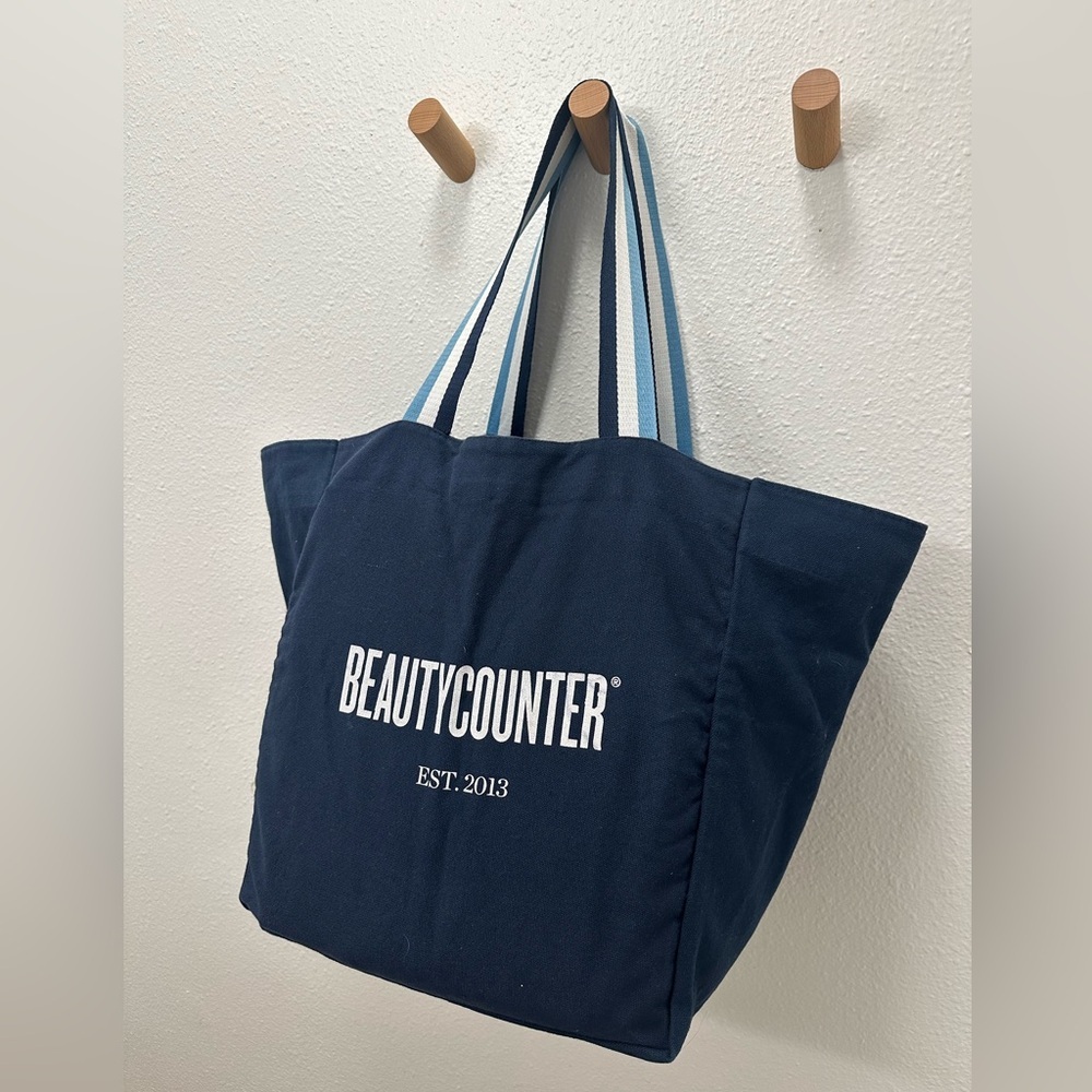 Beautycounter Dark Blue Tote with Striped Handles